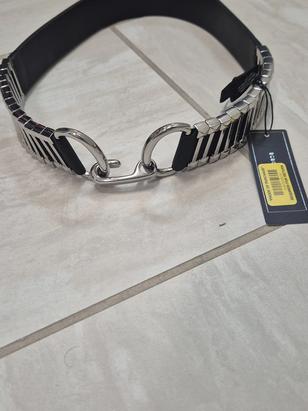 Women’s Black Leather Belt with Silver Chain Link Detail